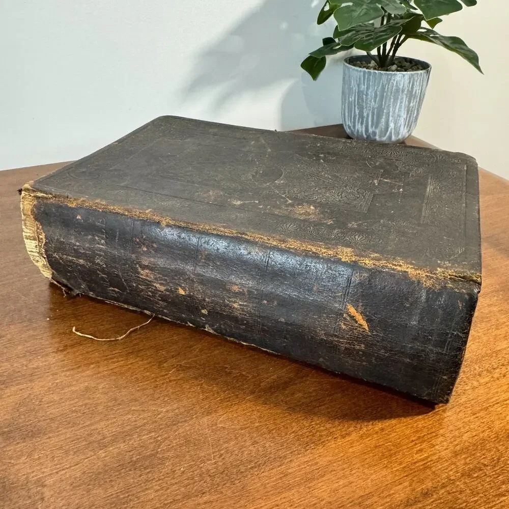 Antique 19th Century Large Leather Family Bible King James KJV Primitive 1850